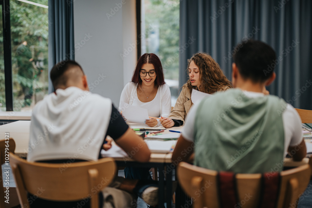 A group of students is engaged in a collaborative study session at a table, fostering teamwork and communication in a school setting, with a focus on learning and interaction. A group of students is engaged in a collaborative study session at a table, fostering teamwork and communication in a school setting, with a focus on learning and interaction.