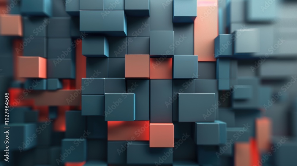 3D geometric block pattern in blue and orange. Modern architecture concept for design and wallpaper 3D geometric block pattern in blue and orange. Modern architecture concept for design and wallpaper
