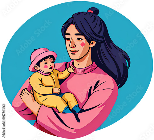 Obraz na płótnie Mother and Baby Bonding in Heartfelt Moment - Flat Illustration Sticker w salonie