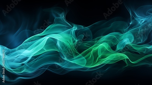 Abstract backdrop Cloud of green and blue smoke on a black isolated background.