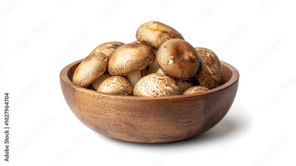 Shiitake mushrooms in a wooden bowl on a white background.