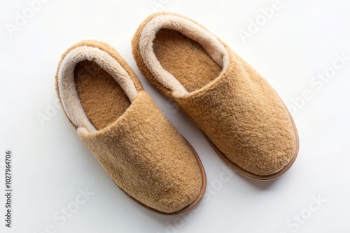 Cozy Brown Terry House Slippers - Warm and Soft Female Footwear for Home Use, Isolated on White Background, Perfect for Relaxation and Comfort, Top View Perspective photo