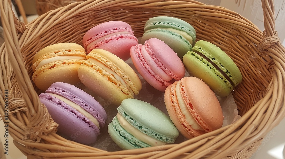 A wicker basket brimming with macaroons sits beside a cup of coffee A wicker basket brimming with macaroons sits beside a cup of coffee