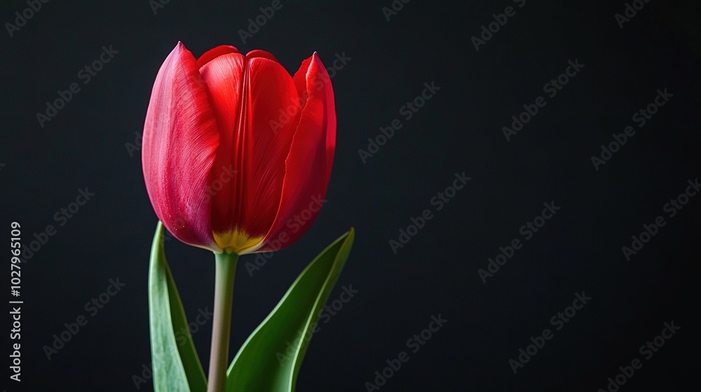 A red tulip with green leaves against a black backdrop, and another red tulip with green leaves against a black backdrop A red tulip with green leaves against a black backdrop, and another red tulip with green leaves against a black backdrop