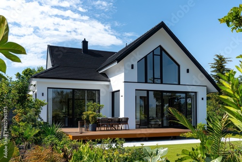 Front view of a contemporary home with white walls, black roof, wooden terrace, and large windows overlooking a lush garden, in format