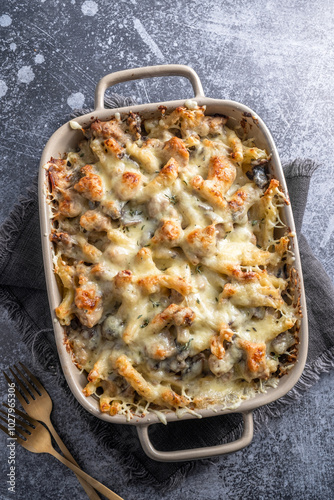 Casserole of pasta with cheese and mushrooms