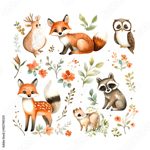 Playful watercolor forest animals featuring fox, deer, raccoon, and owl with flowers