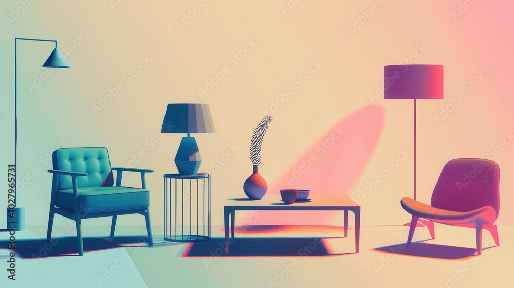Various silhouettes of furniture like an armchair, lamp, and table create a contemporary atmosphere with a soft gradient background. Generative AI Various silhouettes of furniture like an armchair, lamp, and table create a contemporary atmosphere with a soft gradient background. Generative AI