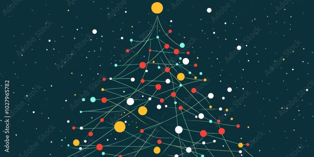 Christmas Tree with Geometric Shapes and Dots, Featuring Green Branches and Red, Yellow, and White Accents, Perfect for Christmas Day Holiday Cards Christmas Tree with Geometric Shapes and Dots, Featuring Green Branches and Red, Yellow, and White Accents, Perfect for Christmas Day Holiday Cards