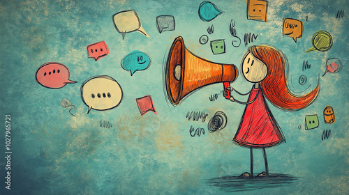 Whimsical illustration of a girl with a megaphone surrounded by colorful speech bubbles, communicating and sharing messages. Concept of communication, creativity, and social interaction.