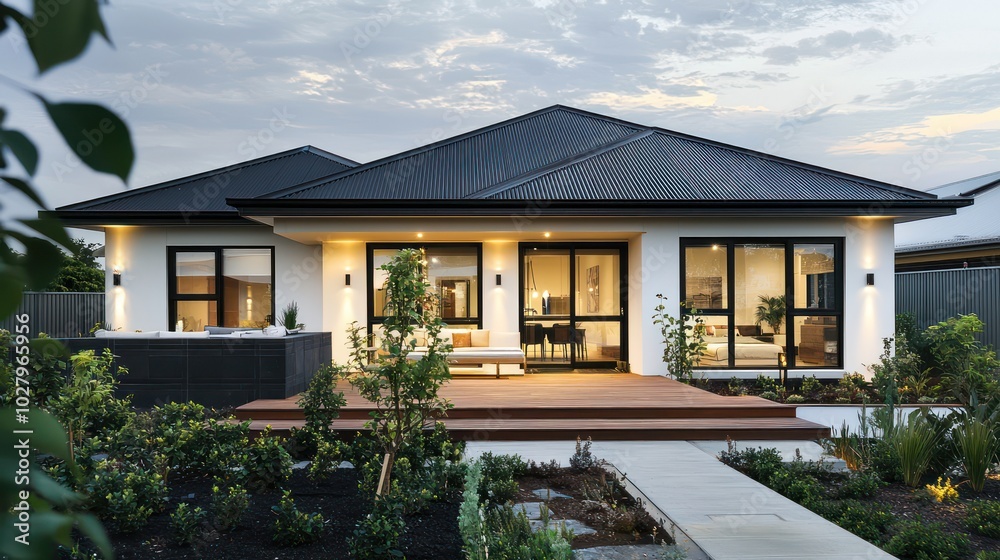 Fototapeta premium Front view of a modern home with a black roof, white walls, wooden terrace, and a garden area, highlighted by evening light