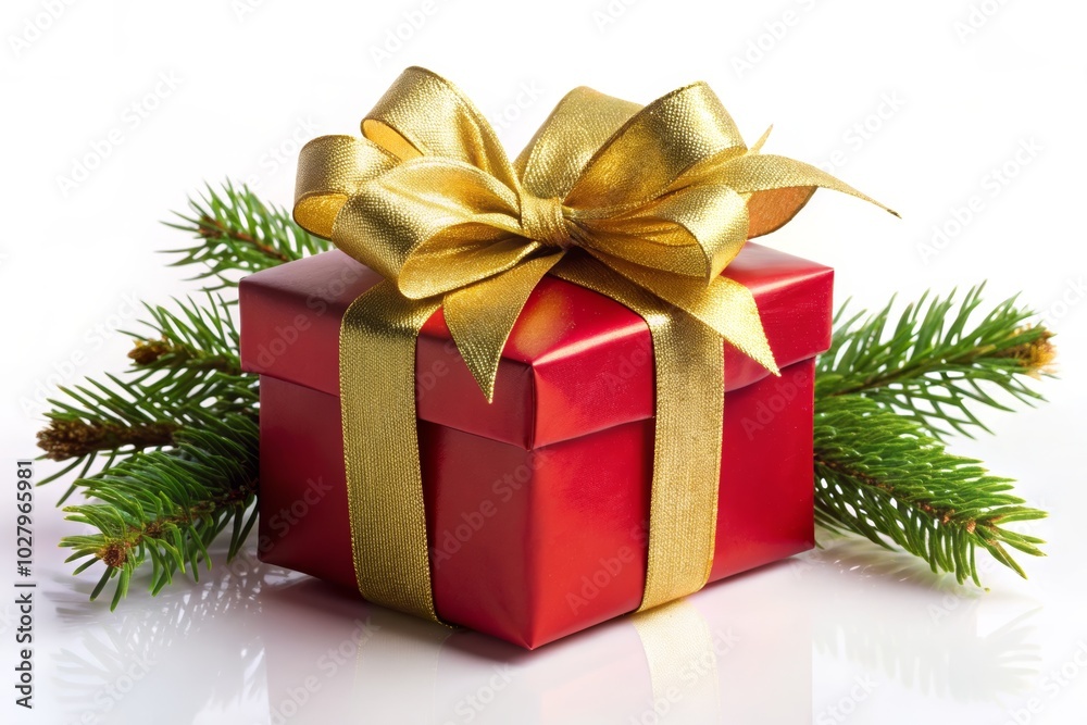 Festive Christmas Gift Box with Red Wrapping, Gold Bow, and Evergreen Sprigs Isolated on White Background for Holiday Decor and Celebrations Festive Christmas Gift Box with Red Wrapping, Gold Bow, and Evergreen Sprigs Isolated on White Background for Holiday Decor and Celebrations