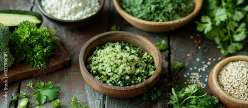 Variety of fresh organic broccoli parsley and other green herbs on a rustic wooden table Healthy ingredients for cooking clean eating and nutritious meals Concept of plant based vegetarian