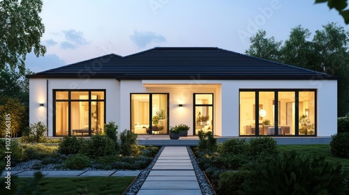 Front view of a modern minimalist house with a black roof and white walls, large windows, and a serene garden at dusk