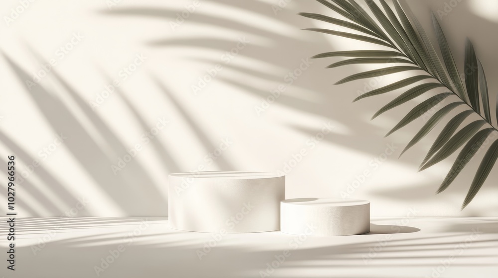 Textured white podiums against a clean backdrop, featuring the natural shadow of a palm leaf, perfect for highlighting products with a tropical vibe. Textured white podiums against a clean backdrop, featuring the natural shadow of a palm leaf, perfect for highlighting products with a tropical vibe.
