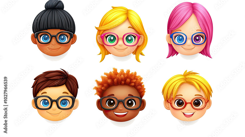 Cartoon Faces of Diverse Characters With Glasses on a White Background Generative AI Cartoon Faces of Diverse Characters With Glasses on a White Background Generative AI