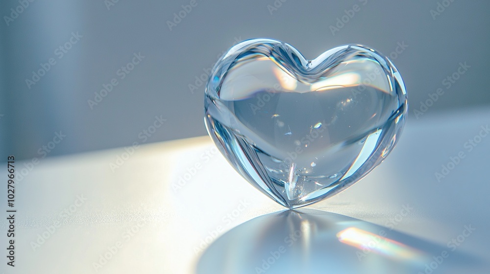 A clear heart-shaped object rests atop a white table, bathed in soft light from above A clear heart-shaped object rests atop a white table, bathed in soft light from above