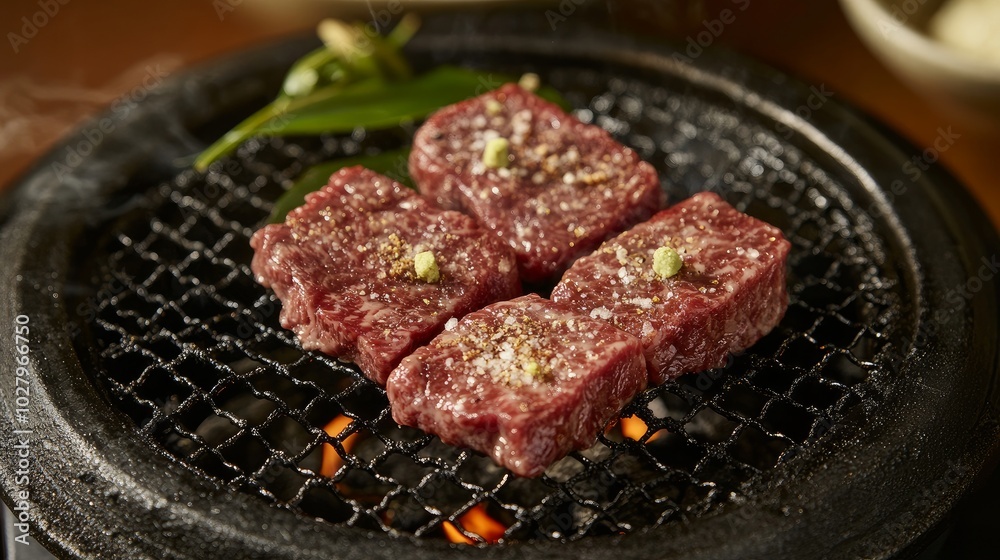 Smoky taste and a distinct smokiness come from grilling excellent Japanese beef that comes from cattle that are grazed on grass. Smoky taste and a distinct smokiness come from grilling excellent Japanese beef that comes from cattle that are grazed on grass.