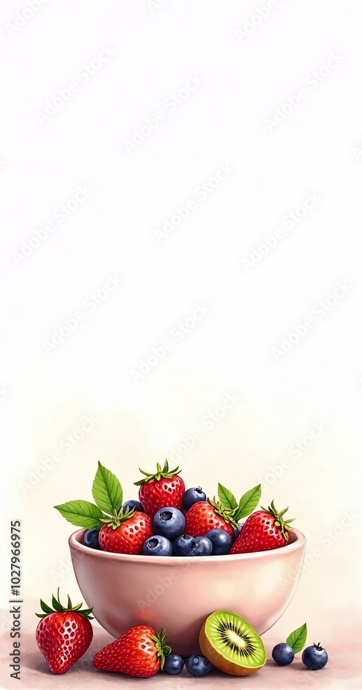 Bowl with kiwi, strawberries and blueberries on white background. Sweet delicious berries. Juicy healthy snack. Watercolor painting style. Template for design, copy space. World Vegan Day. Bowl with kiwi, strawberries and blueberries on white background. Sweet delicious berries. Juicy healthy snack. Watercolor painting style. Template for design, copy space. World Vegan Day.