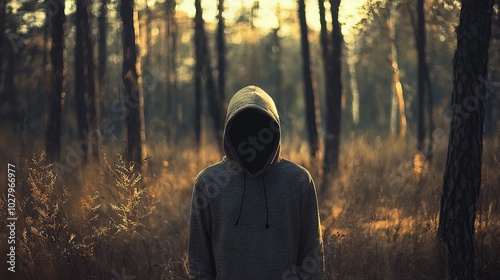  A person stands in a forest, hooded from head to face, as sunlight filters through the tree canopy behind them