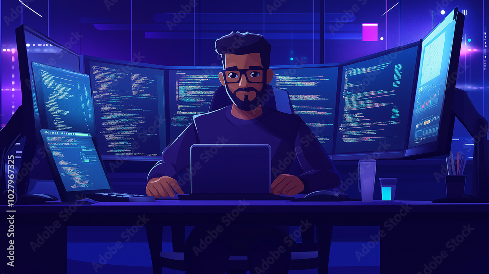 Focused programmer working on laptop with multiple monitors displaying code, surrounded by futuristic screens in a high-tech office environment. Concept of software development and cybersecurity. Focused programmer working on laptop with multiple monitors displaying code, surrounded by futuristic screens in a high-tech office environment. Concept of software development and cybersecurity.