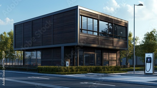 Full ultra HD render of a two-story modern office building with dark wood and metal panels, next to an electric charging station