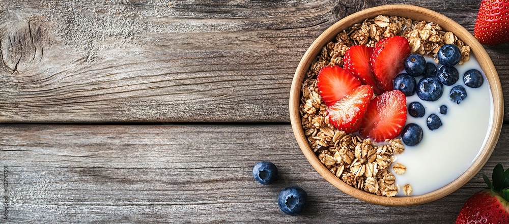 Photo of a bowl with granola, strawberries, and blueberries on top of the milk on an old wooden table