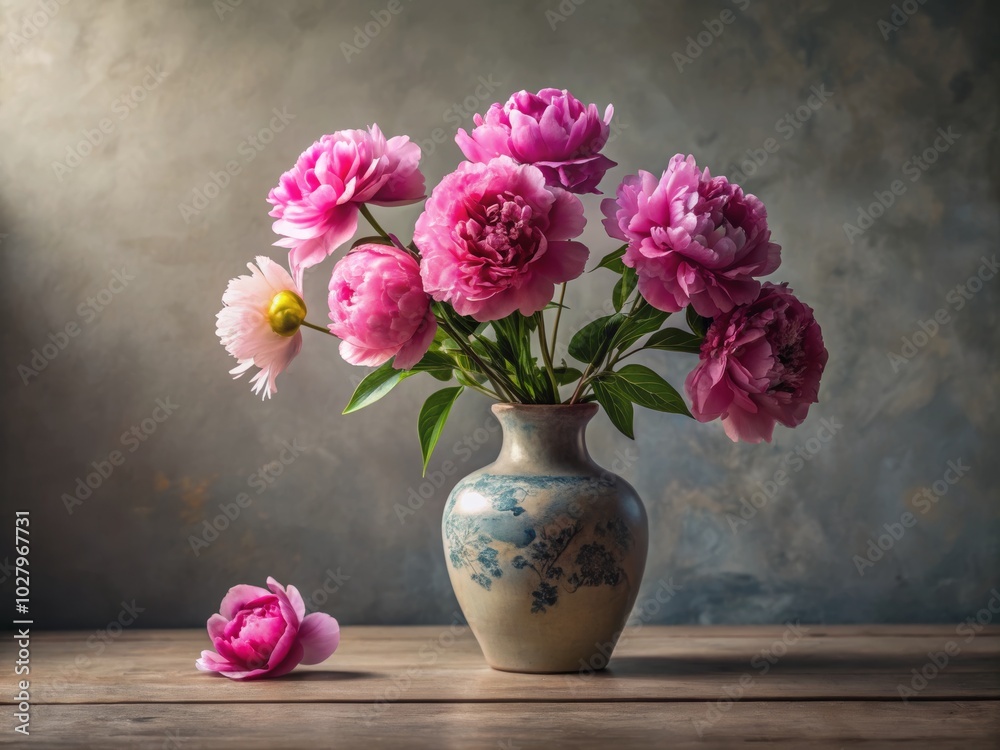 Minimalist Still Life with Peonies in a Chinese Vase - Elegant Floral Arrangement, Soft Colors, Tranquil Atmosphere, Home Decor, Artistic Composition, Serene Aesthetic, Nature Inspired Minimalist Still Life with Peonies in a Chinese Vase - Elegant Floral Arrangement, Soft Colors, Tranquil Atmosphere, Home Decor, Artistic Composition, Serene Aesthetic, Nature Inspired