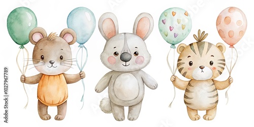 Minimalist Watercolor Animals with Balloons 1, 2, 3 - Koala, Tiger, Hare Illustrations for Holiday Decor and Design Purposes