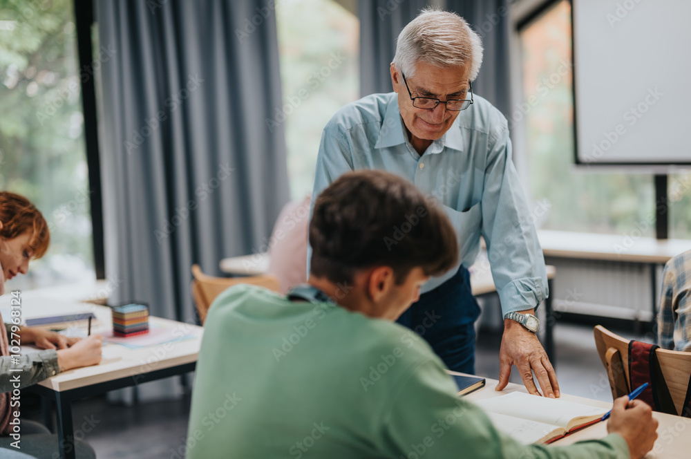 An elderly professor engages with students in a classroom, offering guidance and support. The scene captures a vibrant learning environment with focus on education and mentorship. An elderly professor engages with students in a classroom, offering guidance and support. The scene captures a vibrant learning environment with focus on education and mentorship.