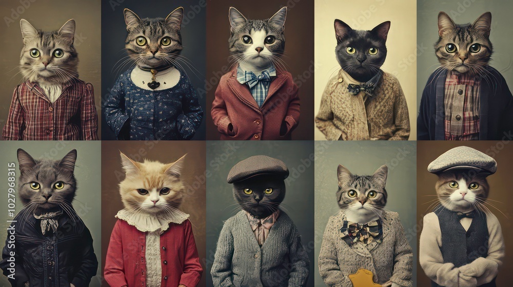 Fototapeta Collage of ten cats dressed in vintage clothing.