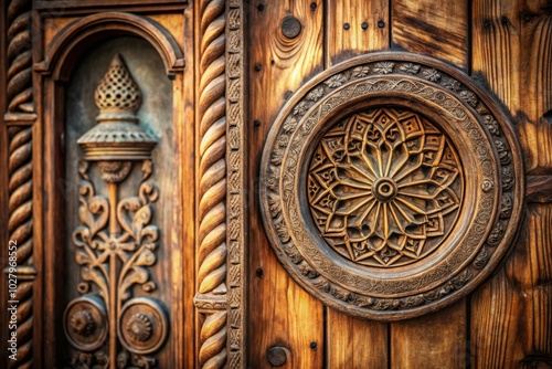 Rustic Wooden Door with Intricate Details and Circular Window - Beautiful Architectural Feature for Home Decor and Design Inspiration