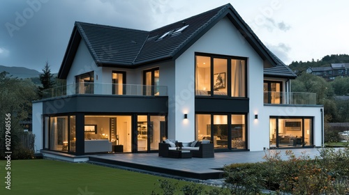 High-definition image of a modern house with black roof, white walls, glass windows, and a terrace, taken at evening