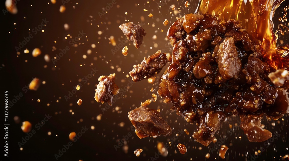 A splash of rich, dark gravy with pieces of meat flying through the air. A splash of rich, dark gravy with pieces of meat flying through the air.
