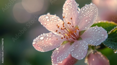 Fresh Morning Flower with Dew Drops Glowing in Light