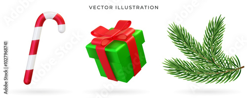 3d Candy cane, Christmas gift box, evergreen pine tree branches set. Vector illustration. Realistic christmas collection. Xmas decoration for New year celebration