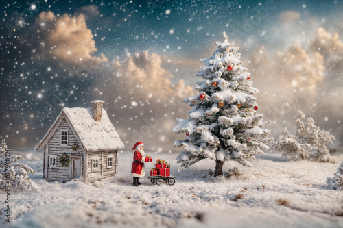 December scene with a winter landscape, a snow-covered Christmas tree and Santa Claus delivering gift boxes.