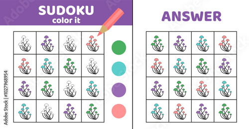 Sudoku with toadstools. Coloring sudoku with mushrooms. Cartoon