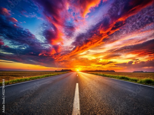 Stunning Asphalt Road Under Vibrant Sunset Sky - Perfect for Landscape Photography, Nature Scenes, and Travel Inspiration, Capturing the Beauty of Evening Skies and Open Roads