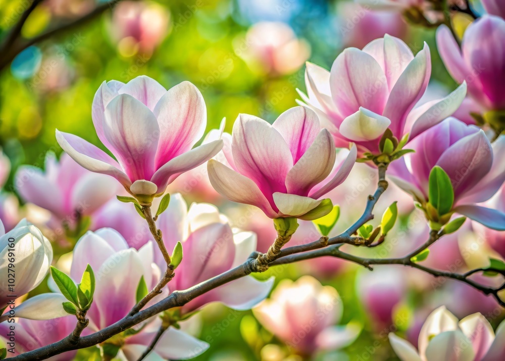 Fototapeta premium Stunning Magnolia Tree Blossom in Full Bloom - High Depth of Field Capture of Delicate Pink and White Flowers Against a Soft Green Background, Nature's Beauty, Springtime Splendor