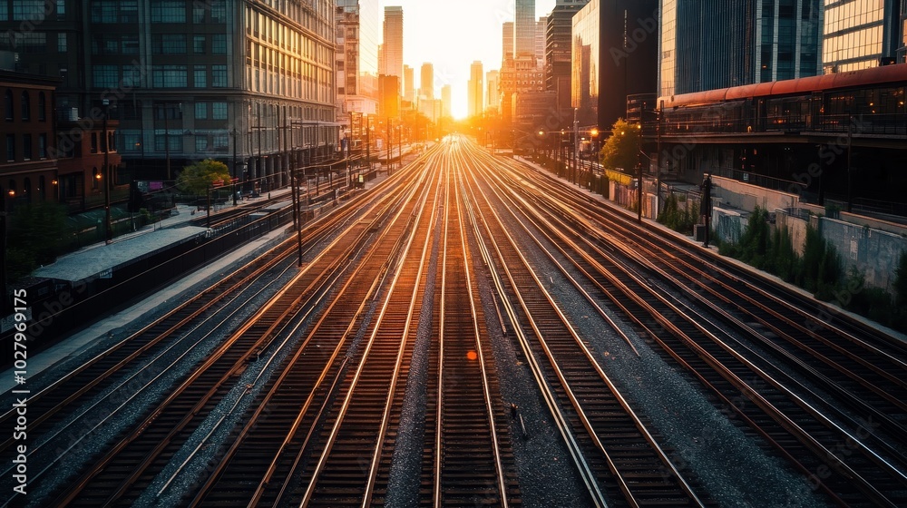 Obraz premium Train tracks weave through an urban landscape, connecting people and places.
