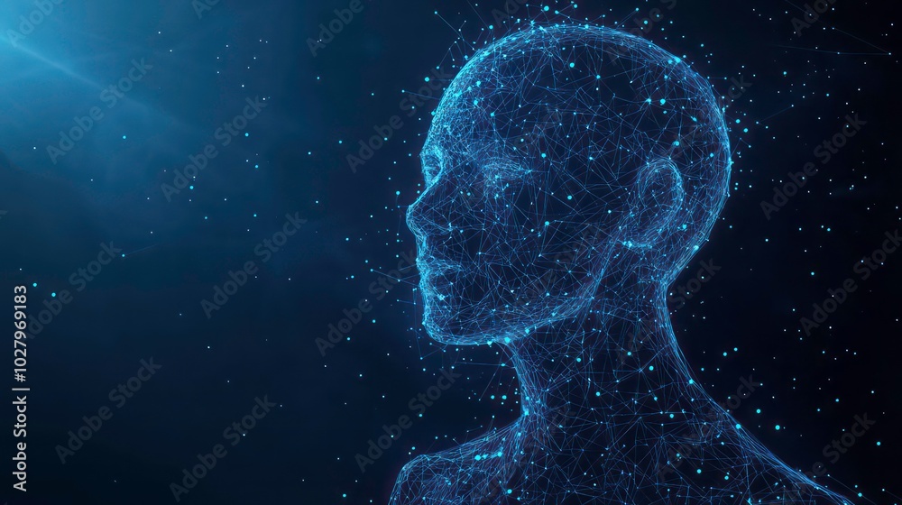 Abstract digital human head, made of lines and dots, on a dark blue background.