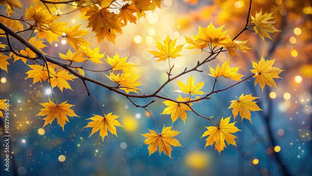 Surreal Yellow Maple Leaves on Tree Branches Against a Dreamy Background - Autumn Essence and Nature's Beauty Captured in Vivid Colors Surreal Yellow Maple Leaves on Tree Branches Against a Dreamy Background - Autumn Essence and Nature's Beauty Captured in Vivid Colors