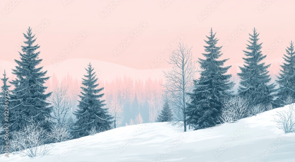 A Tranquil Snowy Landscape with Pine Trees in Soft Pastel Colors, Featuring a Gentle Gradient Background of Light Pink and Sky Blue. A Tranquil Snowy Landscape with Pine Trees in Soft Pastel Colors, Featuring a Gentle Gradient Background of Light Pink and Sky Blue.
