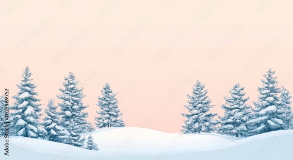 Naklejka premium A Tranquil Snowy Landscape with Pine Trees in Soft Pastel Colors, Featuring a Gentle Gradient Background of Light Pink and Sky Blue.