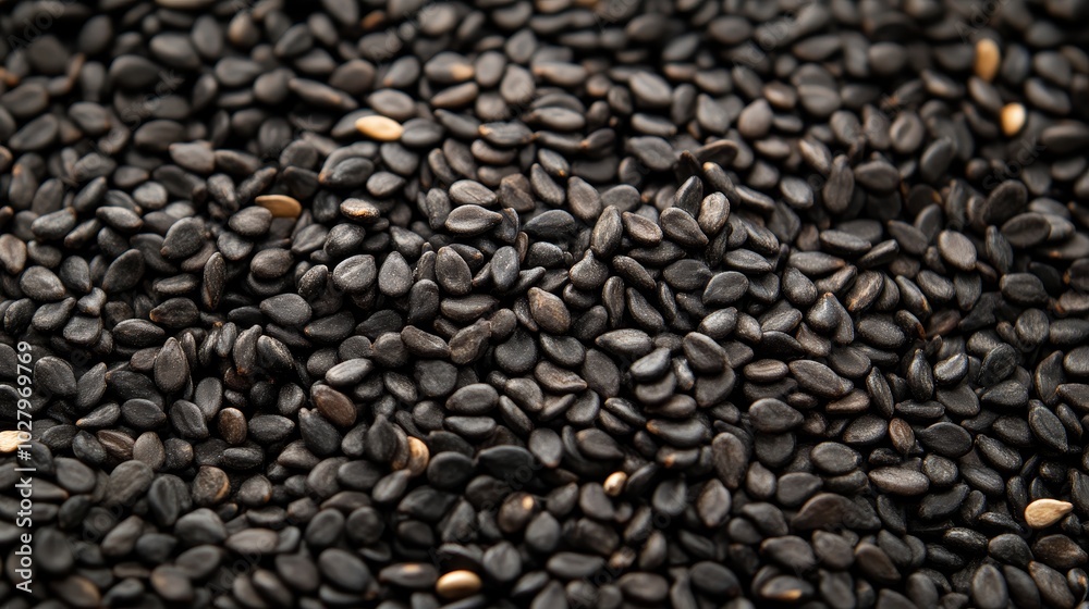 Up-close image of black sesame seeds creating a textured background Up-close image of black sesame seeds creating a textured background