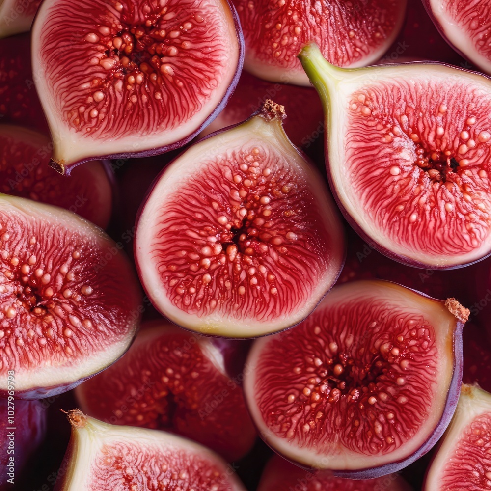 Freshly cut figs displaying intricate patterns and vibrant colors, showcasing their juicy interior in a close-up arrangement Freshly cut figs displaying intricate patterns and vibrant colors, showcasing their juicy interior in a close-up arrangement