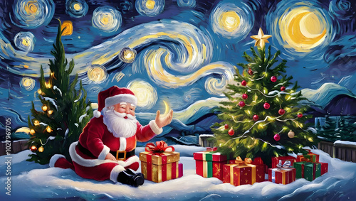 Van Gogh Style The Starry Night Inspired Santa Claus, Gift and Sleigh for Winter Christmas Holiday photography  photo