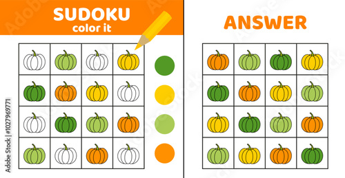Sudoku with pumpkins. Coloring sudoku with pumpkins. Cartoon