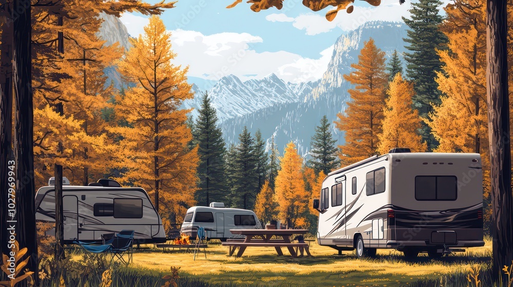 Three RVs parked in a clearing in a forest with mountains in the background, fall foliage. Three RVs parked in a clearing in a forest with mountains in the background, fall foliage.